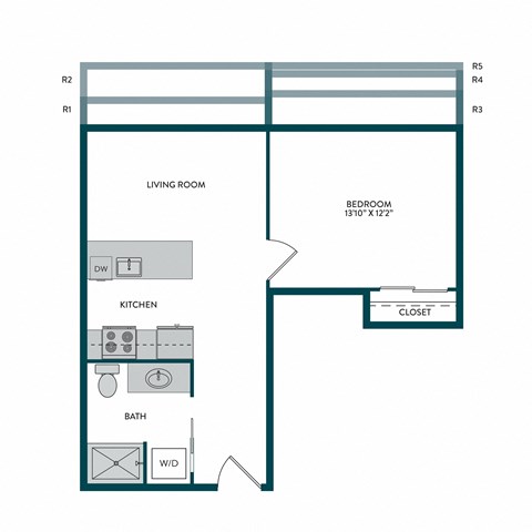 Floor plan for 1 bed, 1 bath, 636 sqft